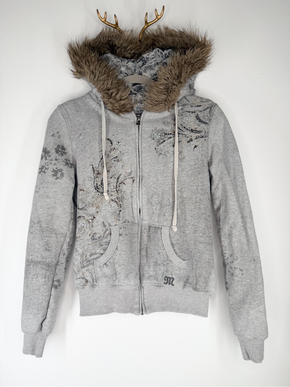 Vintage Miss Me Y2K Gray Faux Fur Lined Bling Hooded Zip Up Sweater Size Medium